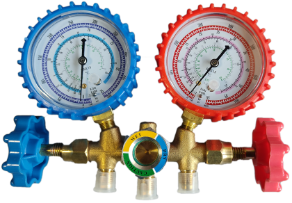 Manifold gauge 2-way R22,134,32,410, with hoses 2x5/16+1x1/4, taps on the side