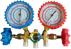 Manifold gauge 2-way R22,134,32,407, with hoses 2x5/16+1x1/4, taps on the side